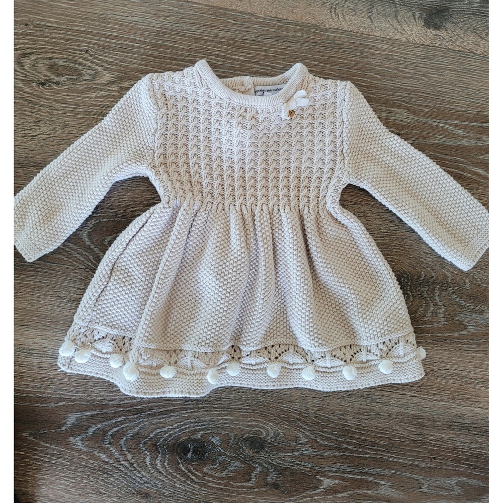 Cupcakes and Cashmere Beige Knit Dress Pom Pom Detail Baby Girl 3-6‎ Months #7